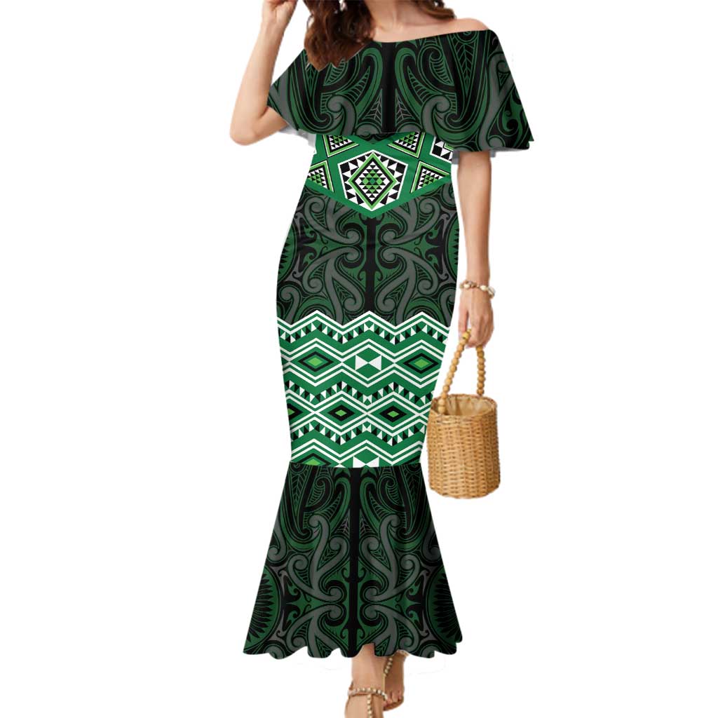 New Zealand Aotearoa Family Matching Mermaid Dress and Hawaiian Shirt Green Taniko Art Maori Pattern LT05 Mom's Dress Green - Polynesian Pride