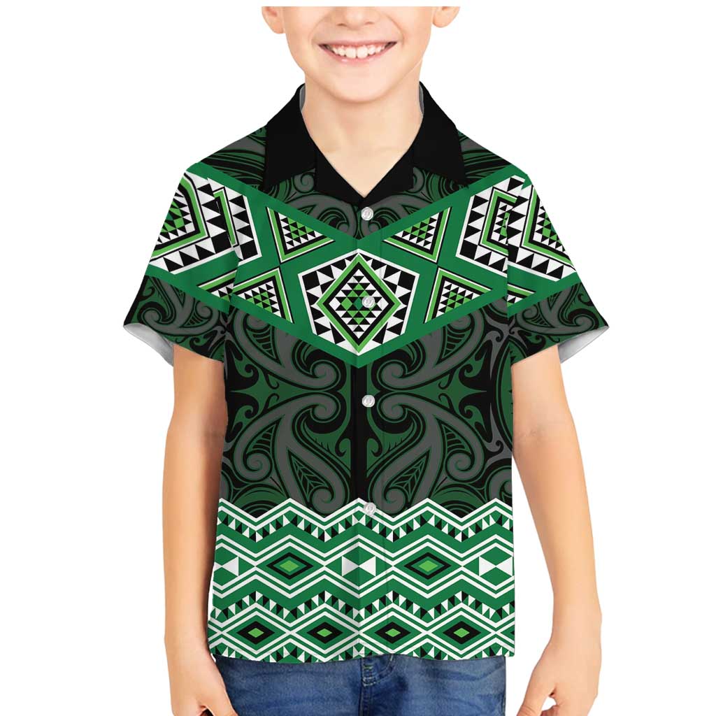 New Zealand Aotearoa Family Matching Mermaid Dress and Hawaiian Shirt Green Taniko Art Maori Pattern LT05 Son's Shirt Green - Polynesian Pride