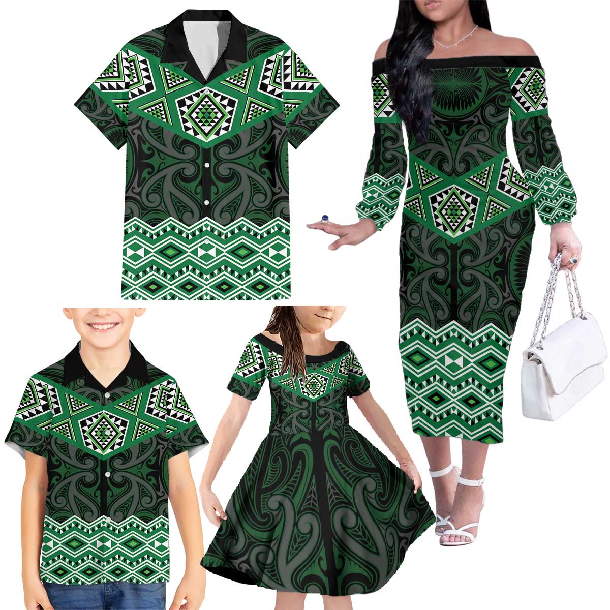 New Zealand Aotearoa Family Matching Off The Shoulder Long Sleeve Dress and Hawaiian Shirt Green Taniko Art Maori Pattern LT05 - Polynesian Pride