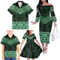 New Zealand Aotearoa Family Matching Off The Shoulder Long Sleeve Dress and Hawaiian Shirt Green Taniko Art Maori Pattern LT05 - Polynesian Pride