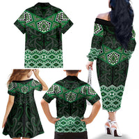 New Zealand Aotearoa Family Matching Off The Shoulder Long Sleeve Dress and Hawaiian Shirt Green Taniko Art Maori Pattern LT05 - Polynesian Pride