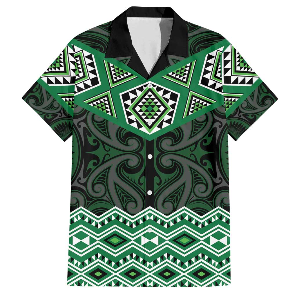 New Zealand Aotearoa Family Matching Off Shoulder Maxi Dress and Hawaiian Shirt Green Taniko Art Maori Pattern LT05 Dad's Shirt - Short Sleeve Green - Polynesian Pride