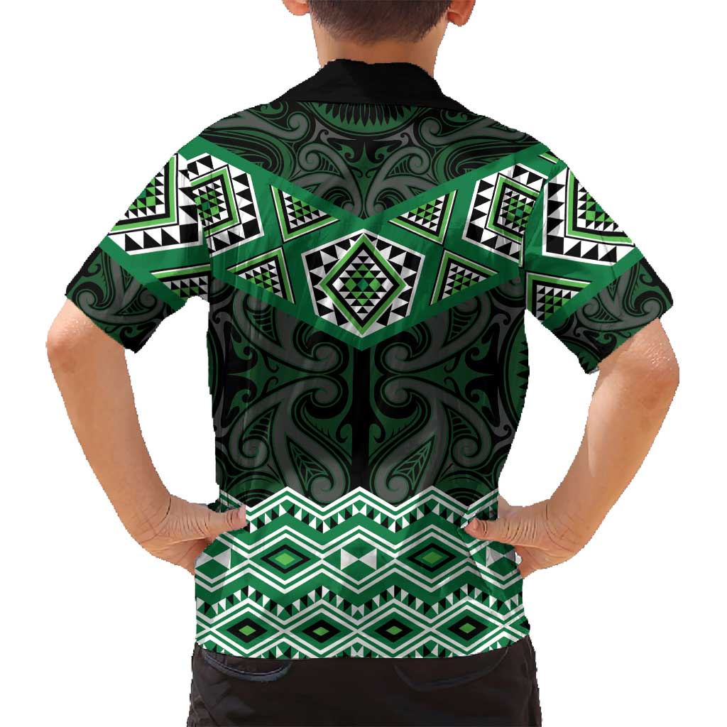 New Zealand Aotearoa Family Matching Off Shoulder Short Dress and Hawaiian Shirt Green Taniko Art Maori Pattern LT05 - Polynesian Pride