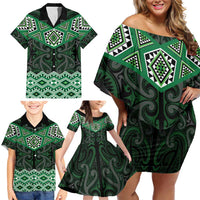 New Zealand Aotearoa Family Matching Off Shoulder Short Dress and Hawaiian Shirt Green Taniko Art Maori Pattern LT05 - Polynesian Pride