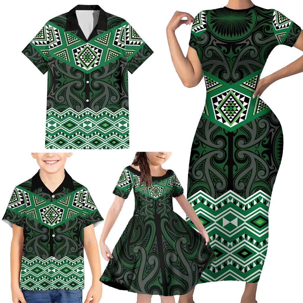 New Zealand Aotearoa Family Matching Short Sleeve Bodycon Dress and Hawaiian Shirt Green Taniko Art Maori Pattern LT05 - Polynesian Pride