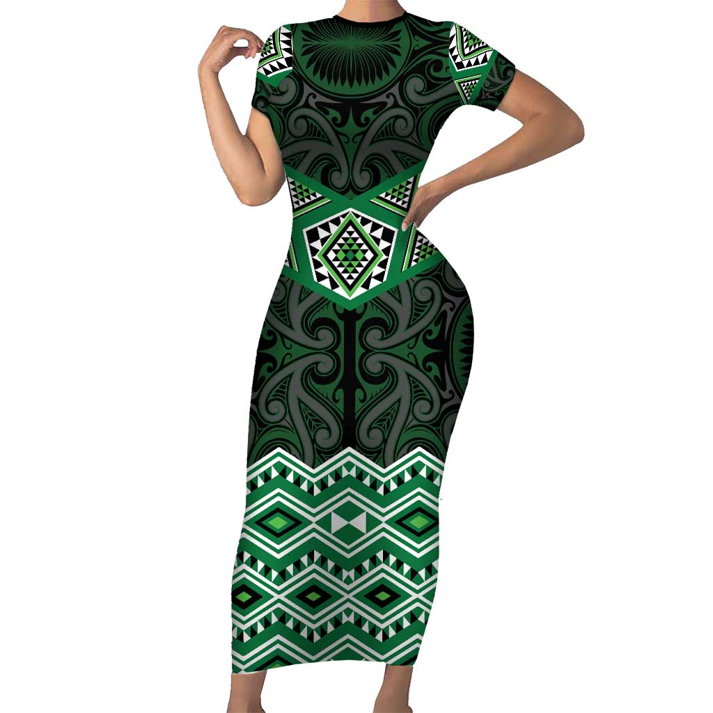 New Zealand Aotearoa Family Matching Short Sleeve Bodycon Dress and Hawaiian Shirt Green Taniko Art Maori Pattern LT05 Mom's Dress Green - Polynesian Pride