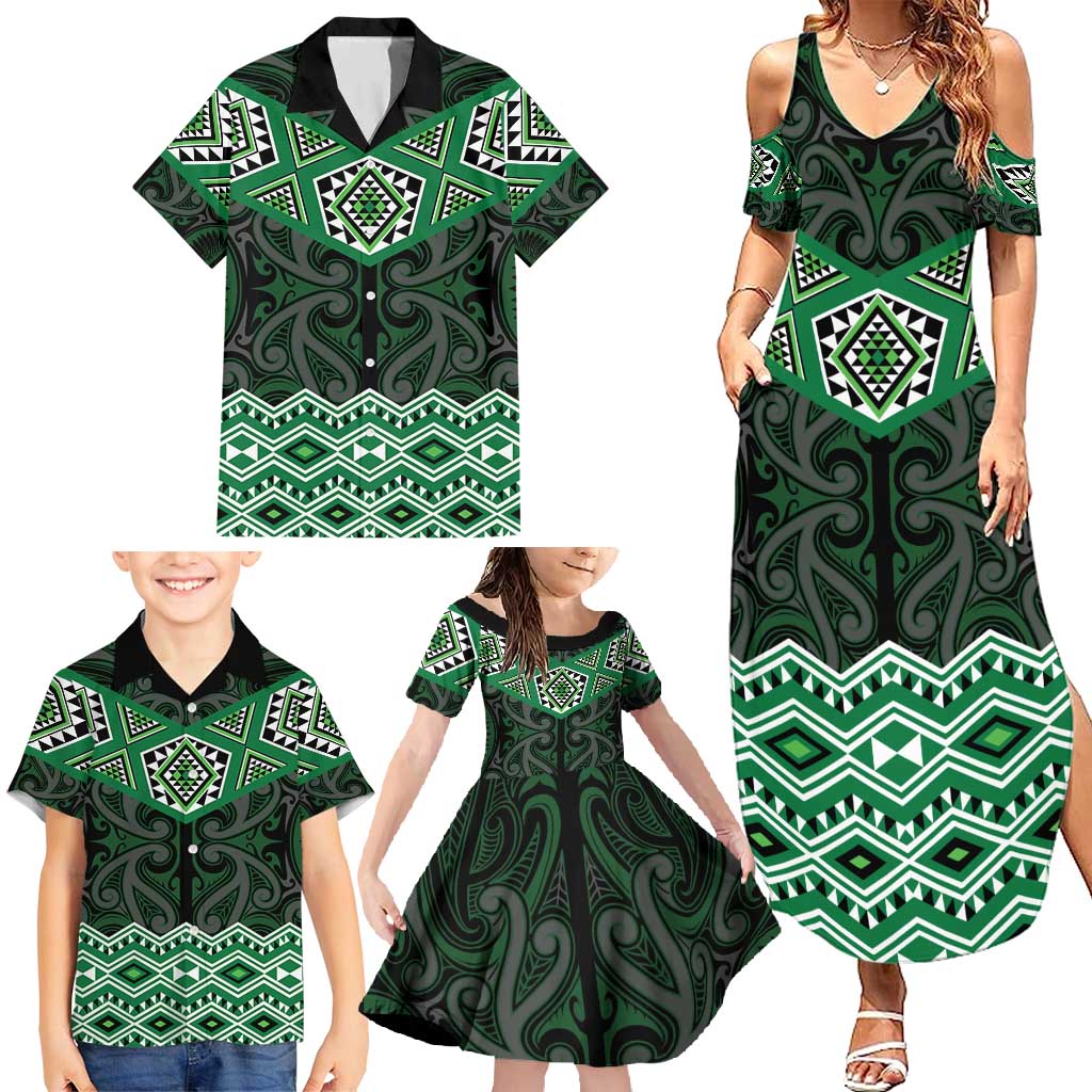 New Zealand Aotearoa Family Matching Summer Maxi Dress and Hawaiian Shirt Green Taniko Art Maori Pattern LT05 - Polynesian Pride