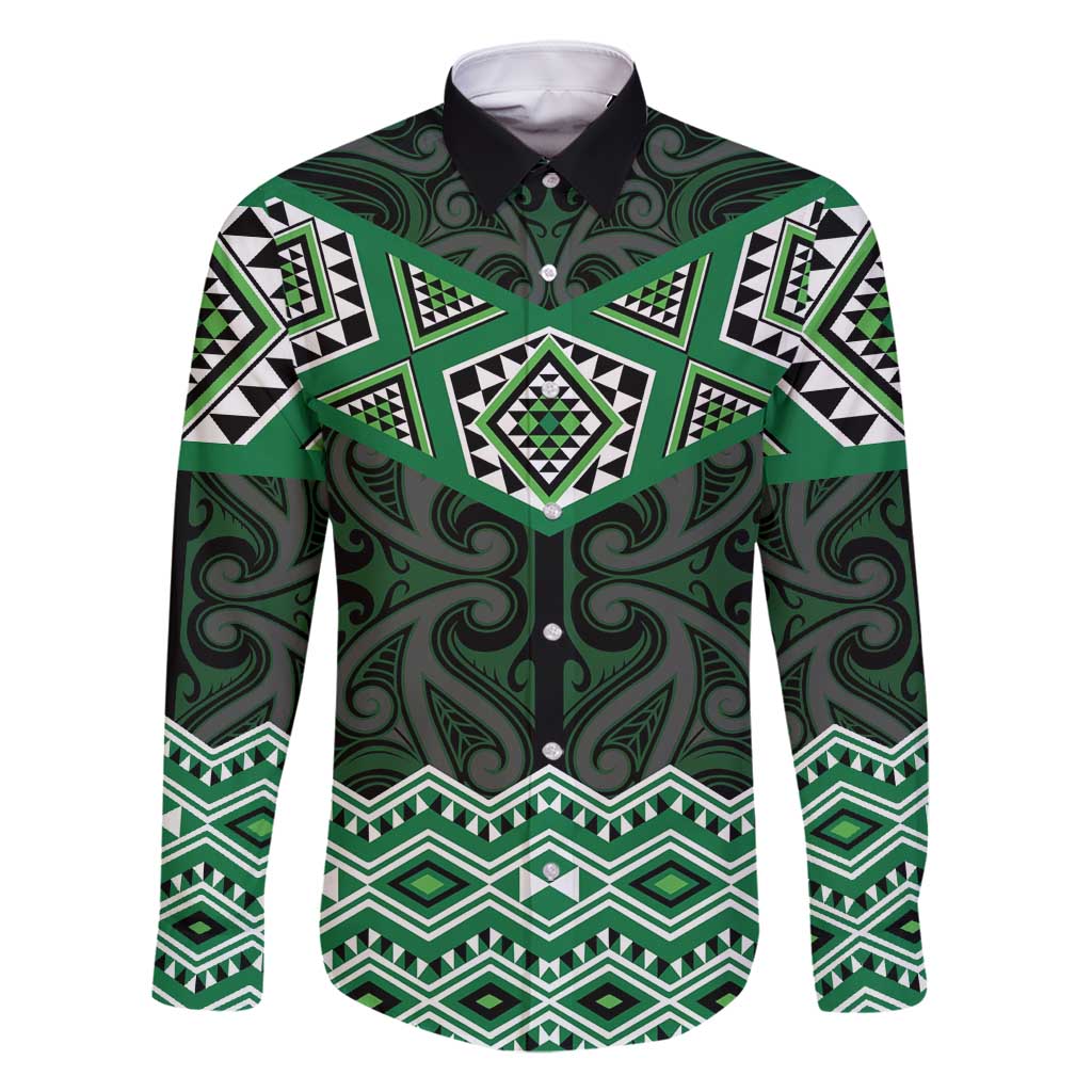 New Zealand Aotearoa Family Matching Summer Maxi Dress and Hawaiian Shirt Green Taniko Art Maori Pattern LT05 Dad's Shirt - Long Sleeve Green - Polynesian Pride