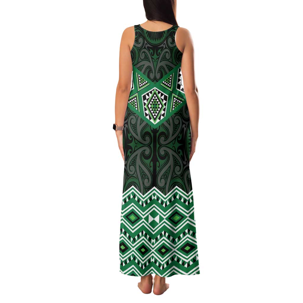 New Zealand Aotearoa Family Matching Tank Maxi Dress and Hawaiian Shirt Green Taniko Art Maori Pattern LT05 - Polynesian Pride
