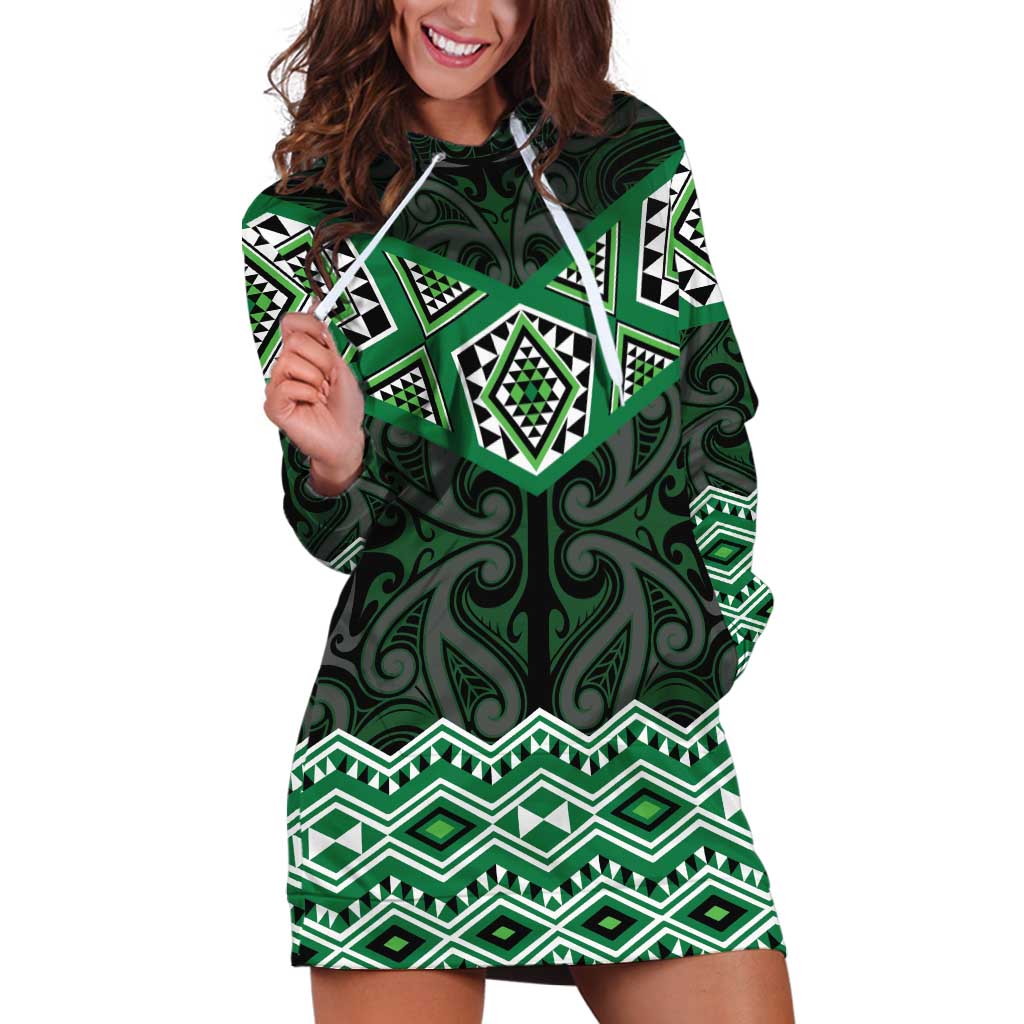 New Zealand Aotearoa Hoodie Dress Green Taniko Art Maori Pattern LT05 Green - Polynesian Pride