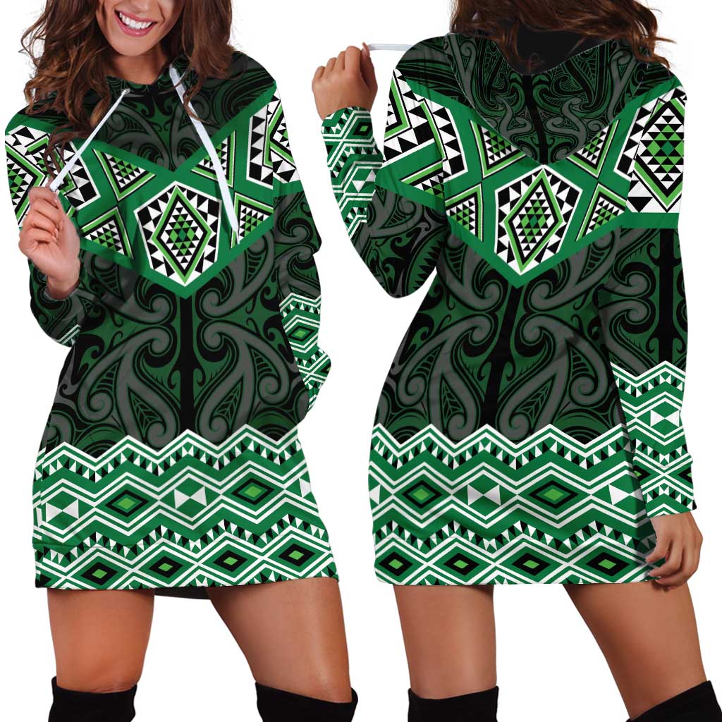 New Zealand Aotearoa Hoodie Dress Green Taniko Art Maori Pattern LT05 - Polynesian Pride