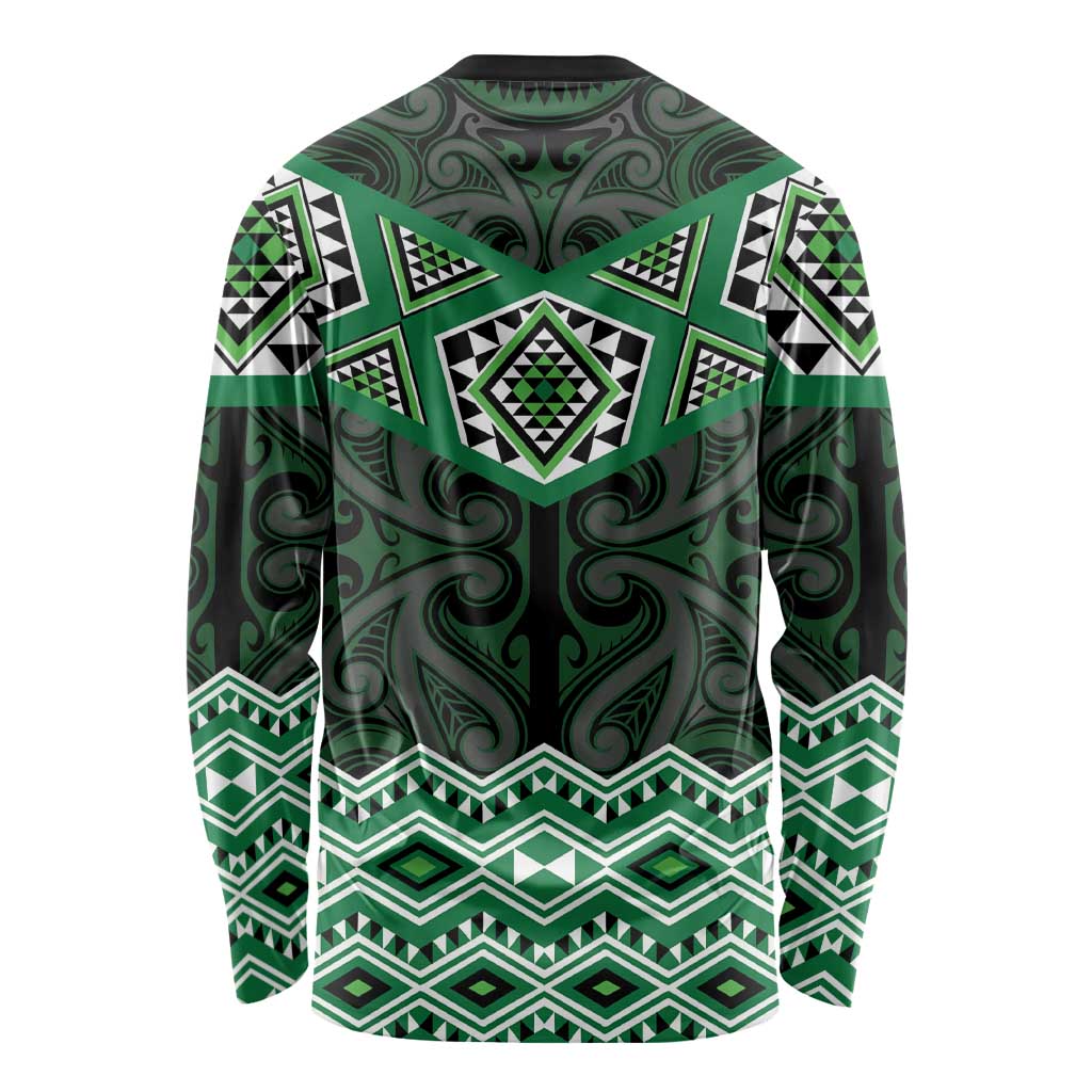 New Zealand Aotearoa Long Sleeve Shirt Green Taniko Art Maori Pattern