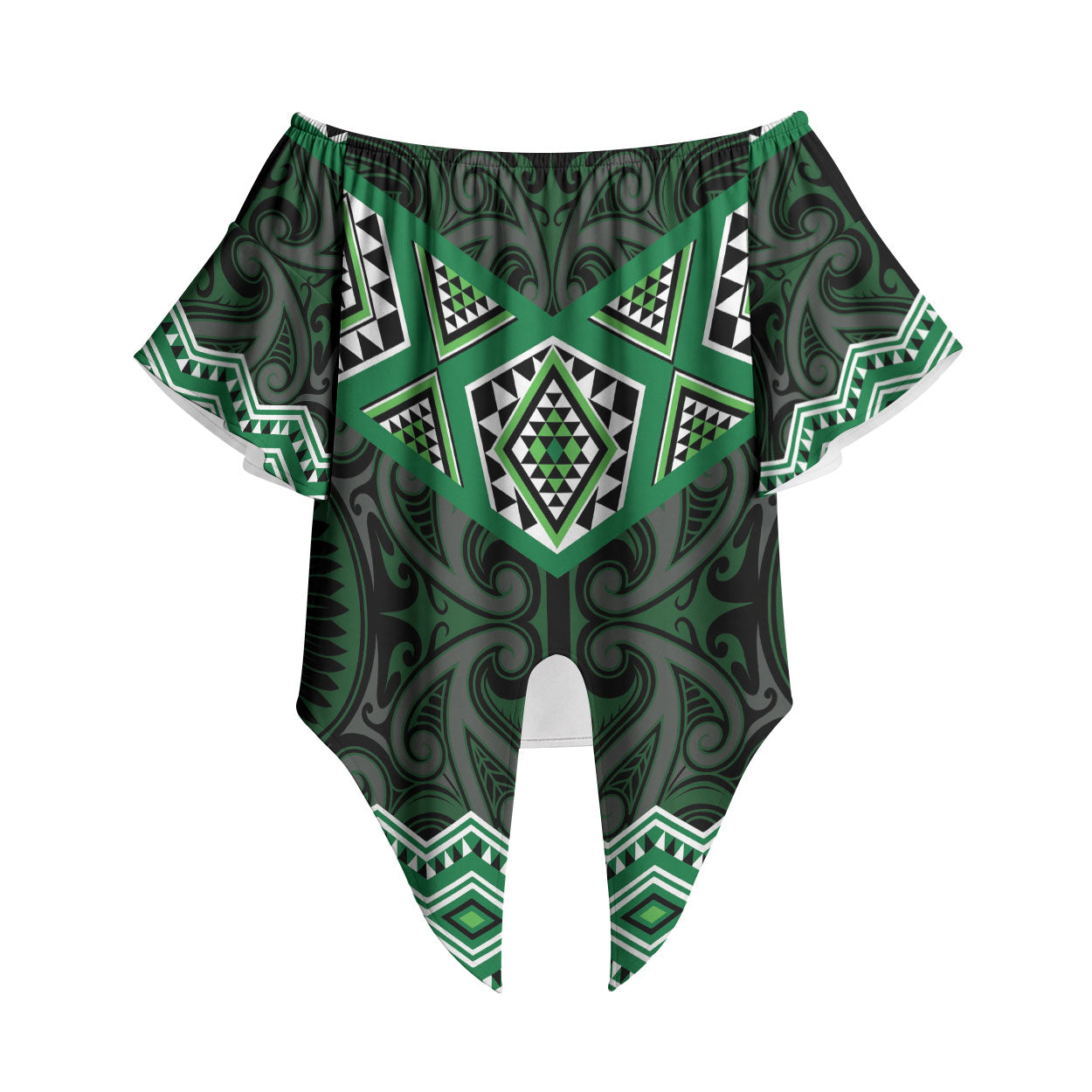 New Zealand Aotearoa Off Shoulder Wrap Waist Top Green Taniko Art Maori Pattern LT05 Green - Polynesian Pride