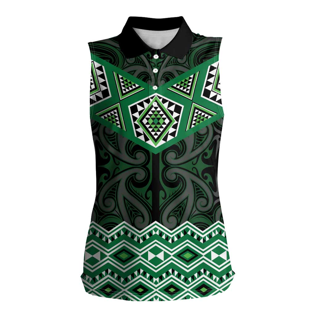 New Zealand Aotearoa Women Sleeveless Polo Shirt Green Taniko Art Maori Pattern LT05 Female Green - Polynesian Pride