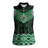 New Zealand Aotearoa Women Sleeveless Polo Shirt Green Taniko Art Maori Pattern LT05 Female Green - Polynesian Pride