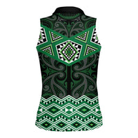 New Zealand Aotearoa Women Sleeveless Polo Shirt Green Taniko Art Maori Pattern LT05 - Polynesian Pride