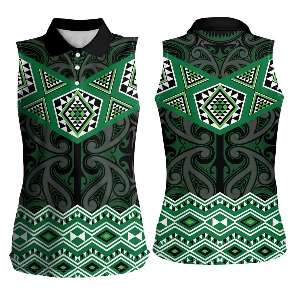 New Zealand Aotearoa Women Sleeveless Polo Shirt Green Taniko Art Maori Pattern LT05 - Polynesian Pride