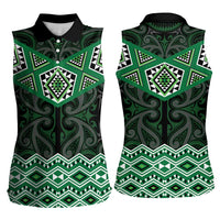 New Zealand Aotearoa Women Sleeveless Polo Shirt Green Taniko Art Maori Pattern LT05 - Polynesian Pride