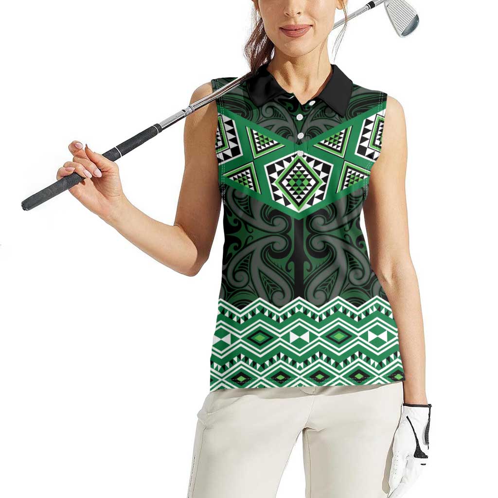 New Zealand Aotearoa Women Sleeveless Polo Shirt Green Taniko Art Maori Pattern LT05 - Polynesian Pride