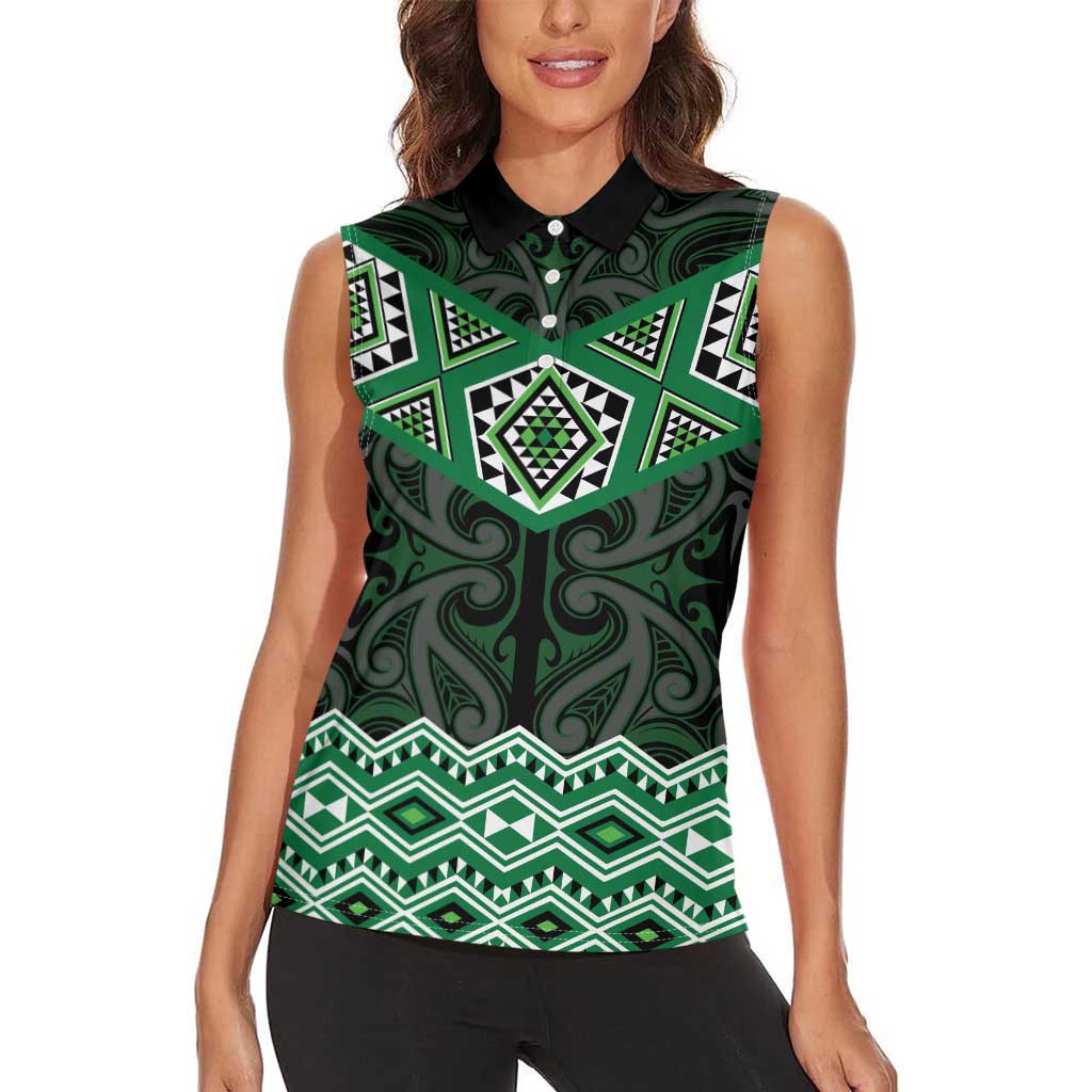 New Zealand Aotearoa Women Sleeveless Polo Shirt Green Taniko Art Maori Pattern LT05 - Polynesian Pride