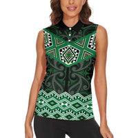 New Zealand Aotearoa Women Sleeveless Polo Shirt Green Taniko Art Maori Pattern LT05 - Polynesian Pride