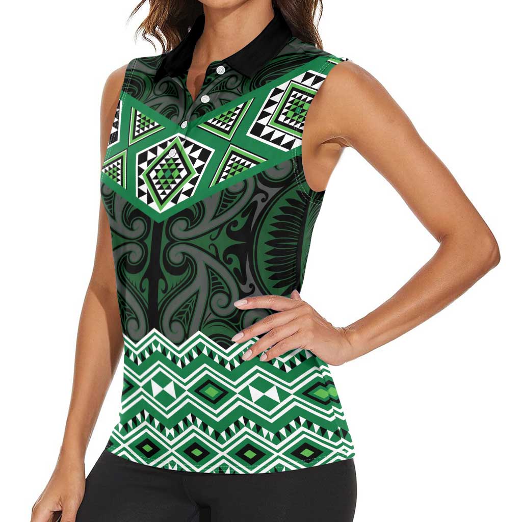 New Zealand Aotearoa Women Sleeveless Polo Shirt Green Taniko Art Maori Pattern LT05 - Polynesian Pride
