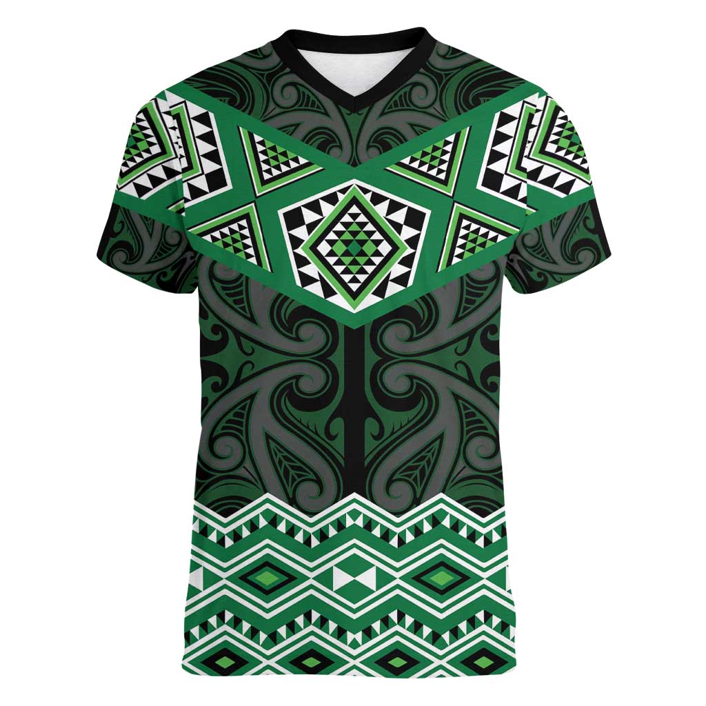 New Zealand Aotearoa Women V-Neck T-Shirt Green Taniko Art Maori Pattern LT05 Female Green - Polynesian Pride