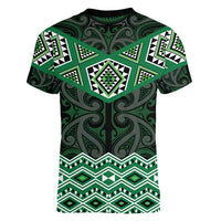 New Zealand Aotearoa Women V-Neck T-Shirt Green Taniko Art Maori Pattern LT05 - Polynesian Pride