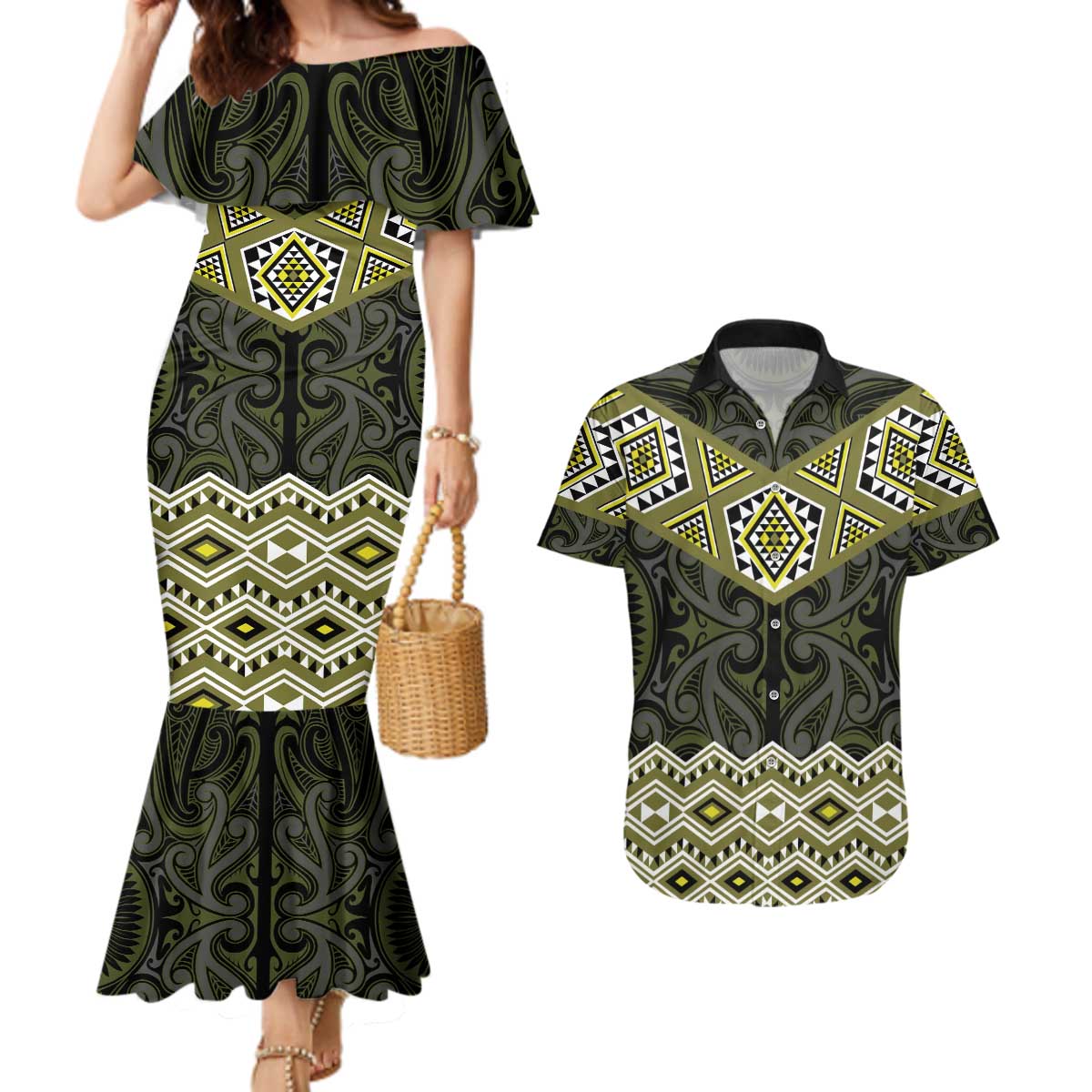 New Zealand Aotearoa Couples Matching Mermaid Dress and Hawaiian Shirt Yellow Taniko Art Maori Pattern LT05 Yellow - Polynesian Pride