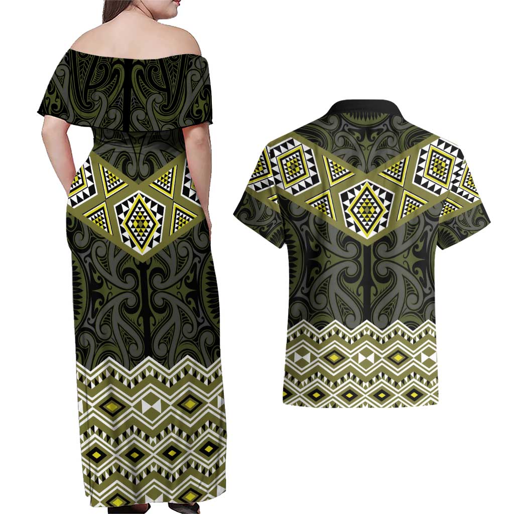 New Zealand Aotearoa Couples Matching Off Shoulder Maxi Dress and Hawaiian Shirt Yellow Taniko Art Maori Pattern LT05 - Polynesian Pride