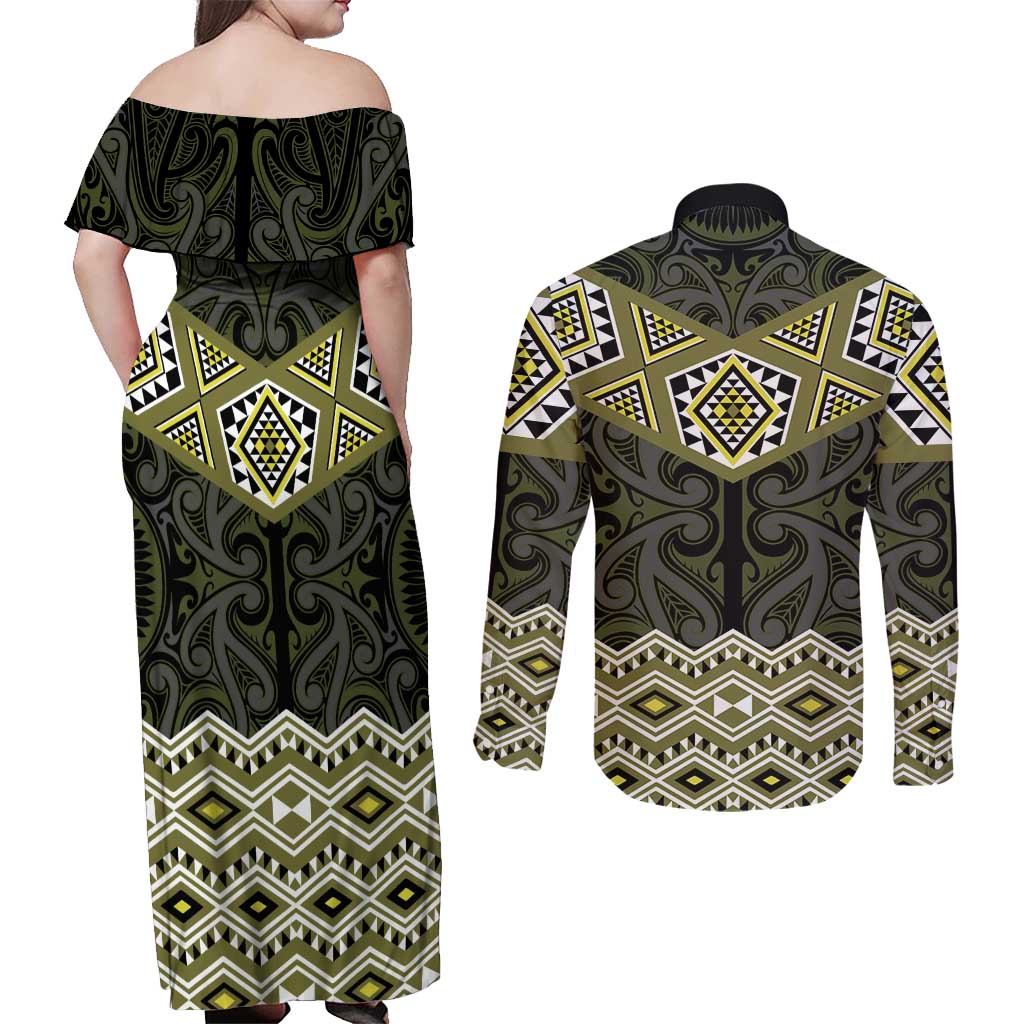 New Zealand Aotearoa Couples Matching Off Shoulder Maxi Dress and Long Sleeve Button Shirt Yellow Taniko Art Maori Pattern LT05 - Polynesian Pride