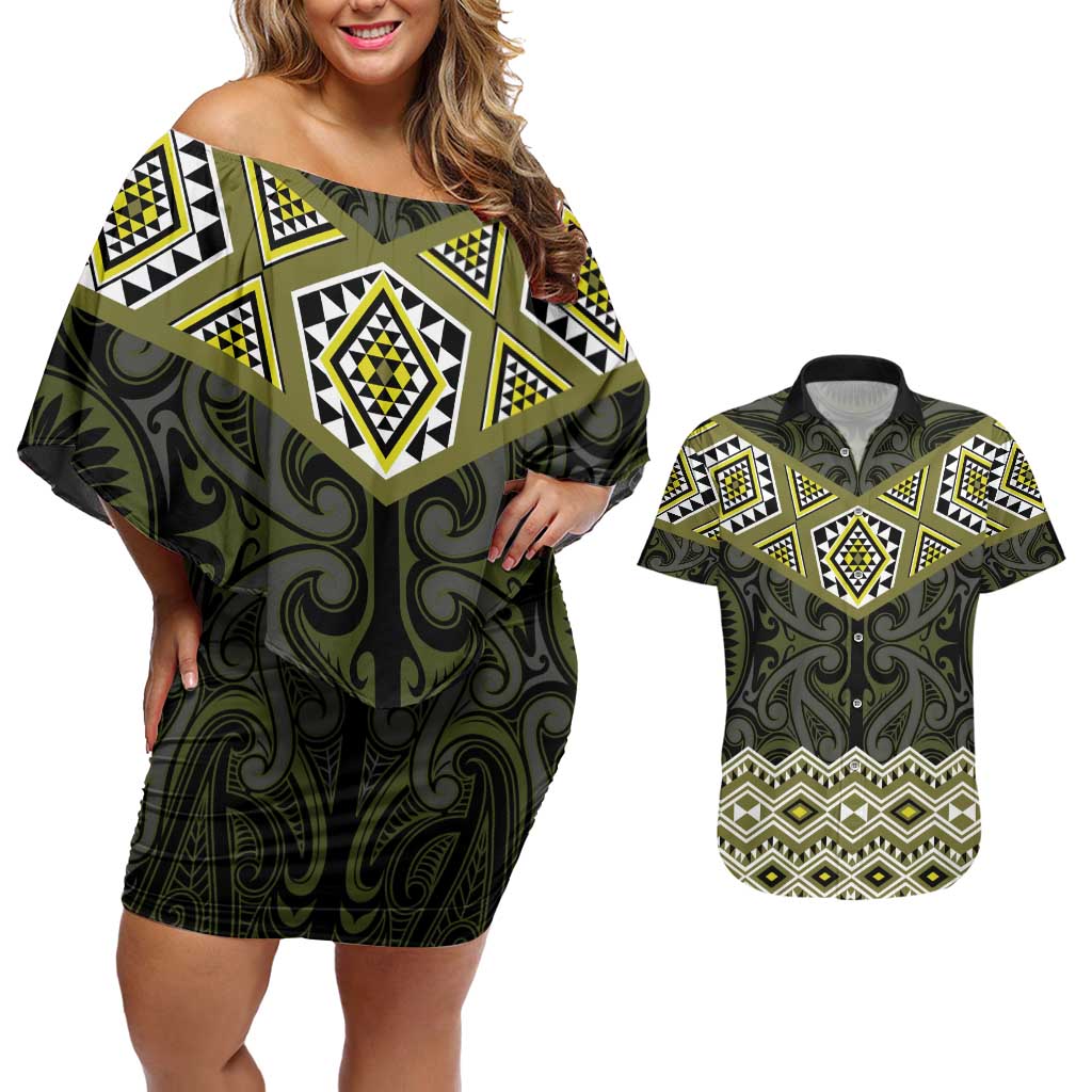 New Zealand Aotearoa Couples Matching Off Shoulder Short Dress and Hawaiian Shirt Yellow Taniko Art Maori Pattern LT05 Yellow - Polynesian Pride
