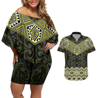 New Zealand Aotearoa Couples Matching Off Shoulder Short Dress and Hawaiian Shirt Yellow Taniko Art Maori Pattern LT05 Yellow - Polynesian Pride