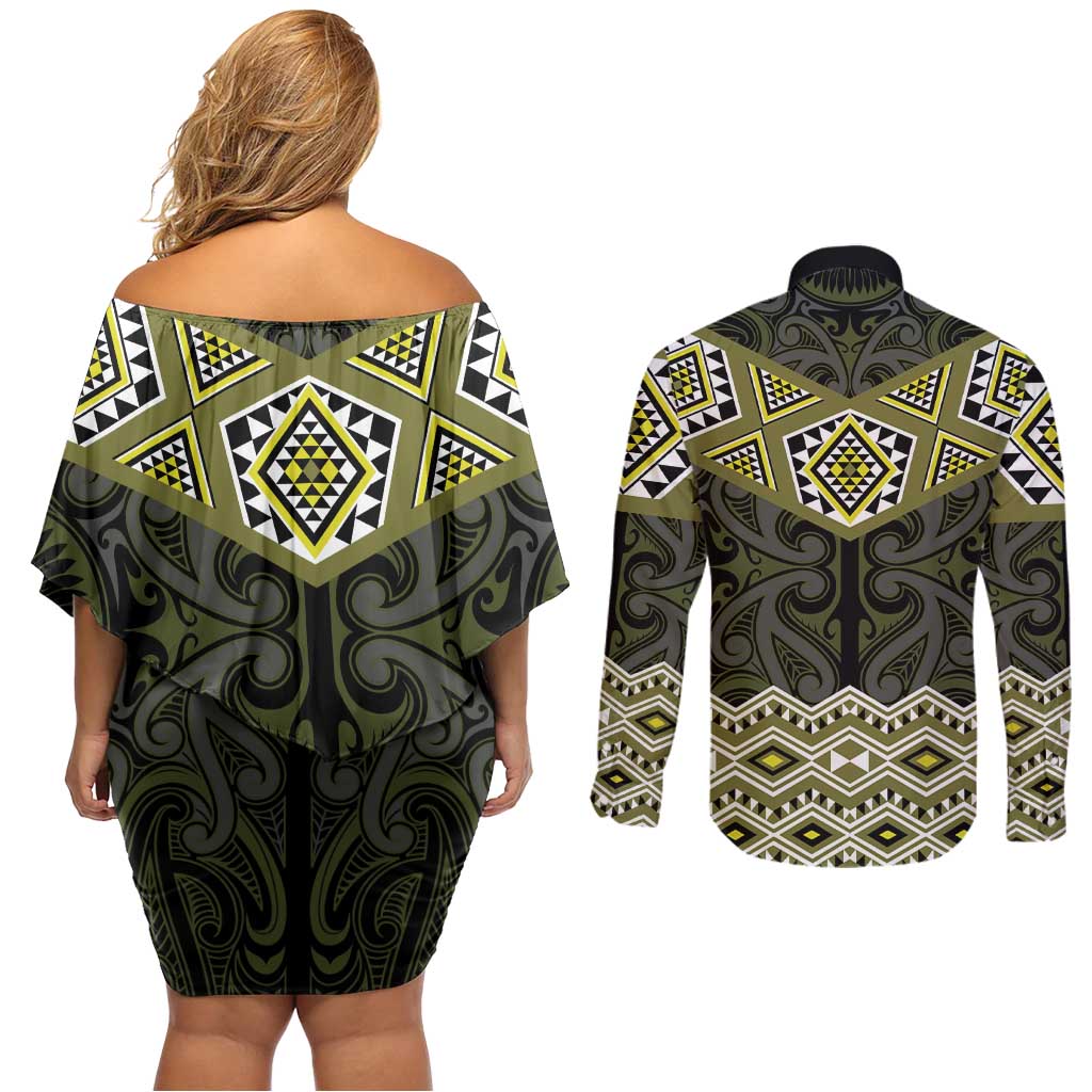 New Zealand Aotearoa Couples Matching Off Shoulder Short Dress and Long Sleeve Button Shirt Yellow Taniko Art Maori Pattern LT05 - Polynesian Pride