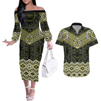 New Zealand Aotearoa Couples Matching Off The Shoulder Long Sleeve Dress and Hawaiian Shirt Yellow Taniko Art Maori Pattern LT05 Yellow - Polynesian Pride