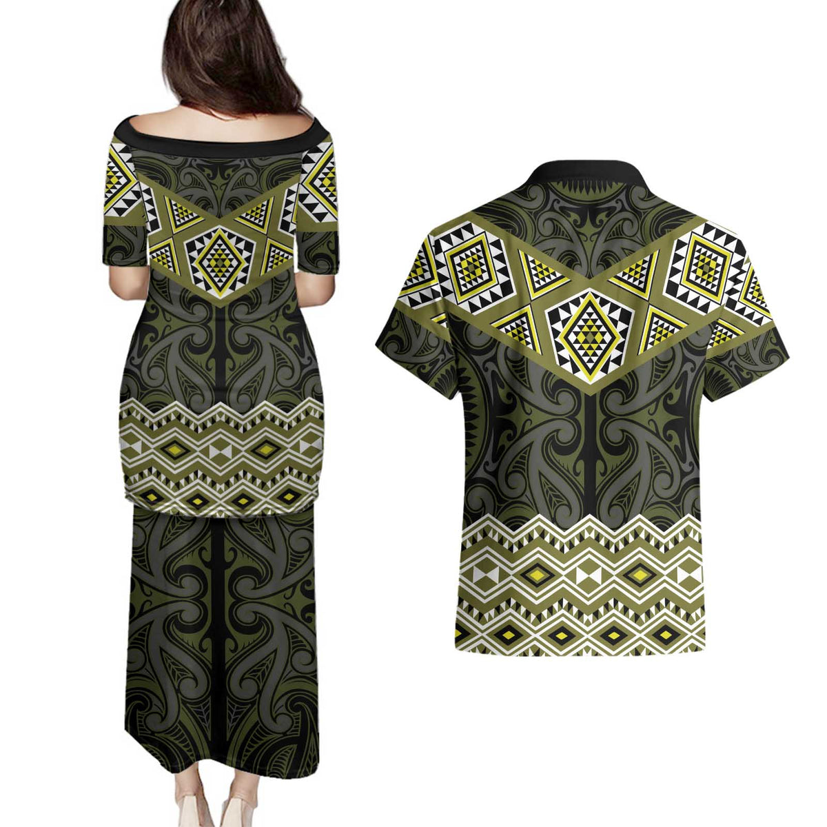 New Zealand Aotearoa Couples Matching Puletasi and Hawaiian Shirt Yellow Taniko Art Maori Pattern LT05 - Polynesian Pride