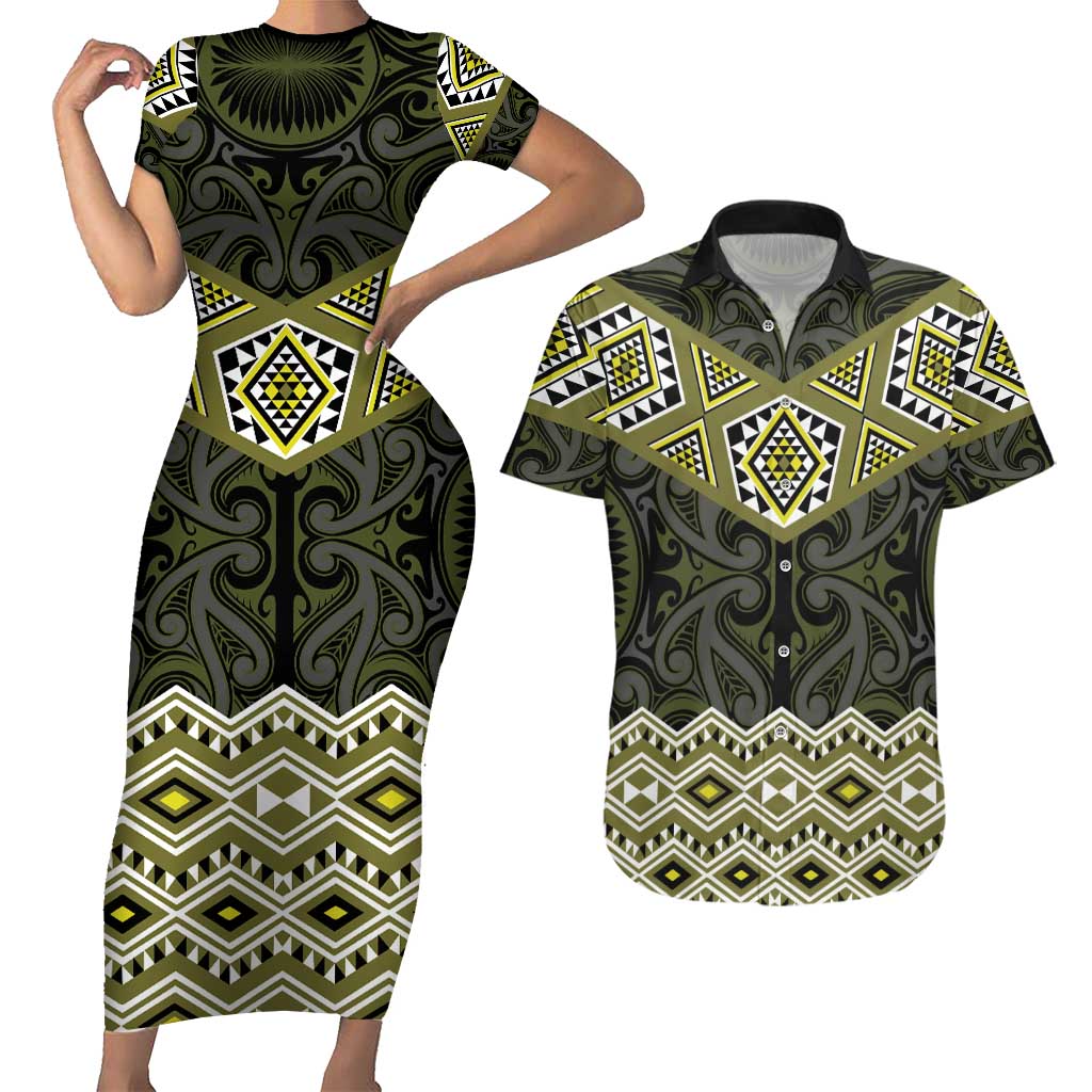 New Zealand Aotearoa Couples Matching Short Sleeve Bodycon Dress and Hawaiian Shirt Yellow Taniko Art Maori Pattern LT05 Yellow - Polynesian Pride