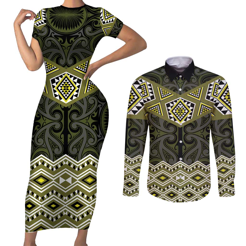 New Zealand Aotearoa Couples Matching Short Sleeve Bodycon Dress and Long Sleeve Button Shirt Yellow Taniko Art Maori Pattern LT05 Yellow - Polynesian Pride
