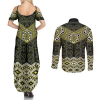 New Zealand Aotearoa Couples Matching Summer Maxi Dress and Long Sleeve Button Shirt Yellow Taniko Art Maori Pattern LT05 - Polynesian Pride