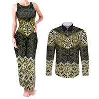 New Zealand Aotearoa Couples Matching Tank Maxi Dress and Long Sleeve Button Shirt Yellow Taniko Art Maori Pattern LT05 Yellow - Polynesian Pride