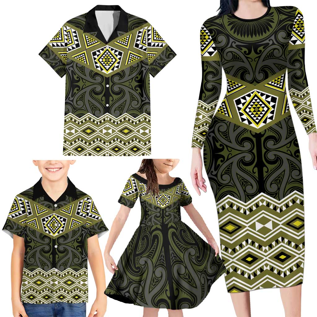 New Zealand Aotearoa Family Matching Long Sleeve Bodycon Dress and Hawaiian Shirt Yellow Taniko Art Maori Pattern LT05 - Polynesian Pride