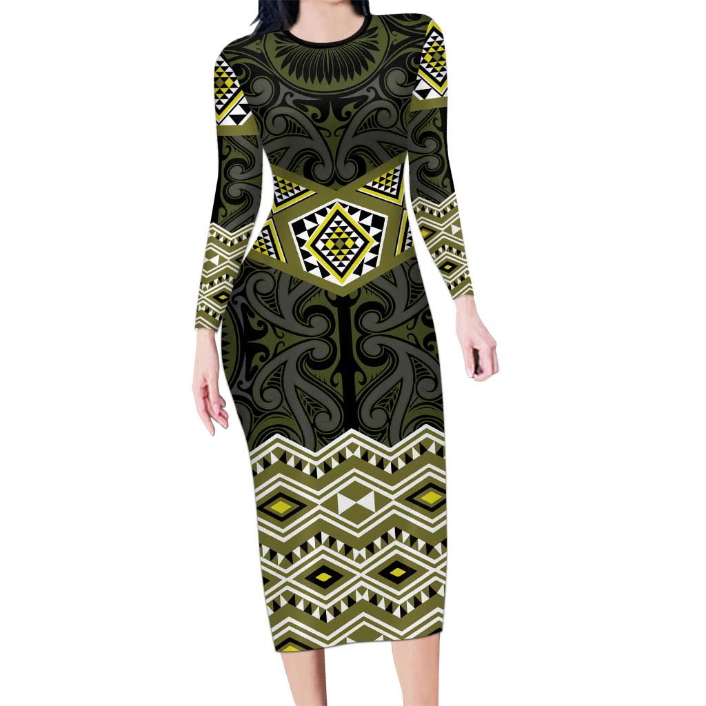New Zealand Aotearoa Family Matching Long Sleeve Bodycon Dress and Hawaiian Shirt Yellow Taniko Art Maori Pattern LT05 Mom's Dress Yellow - Polynesian Pride