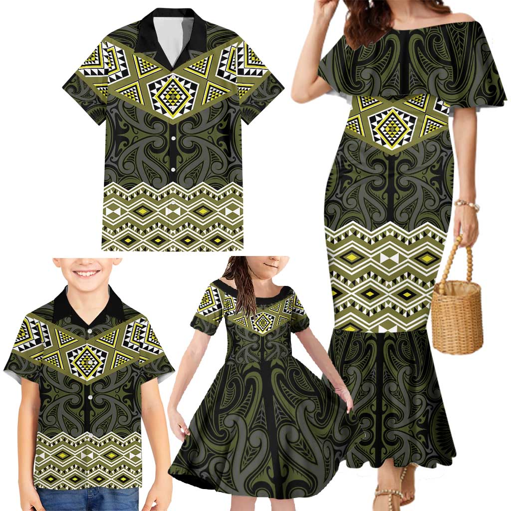 New Zealand Aotearoa Family Matching Mermaid Dress and Hawaiian Shirt Yellow Taniko Art Maori Pattern LT05 - Polynesian Pride