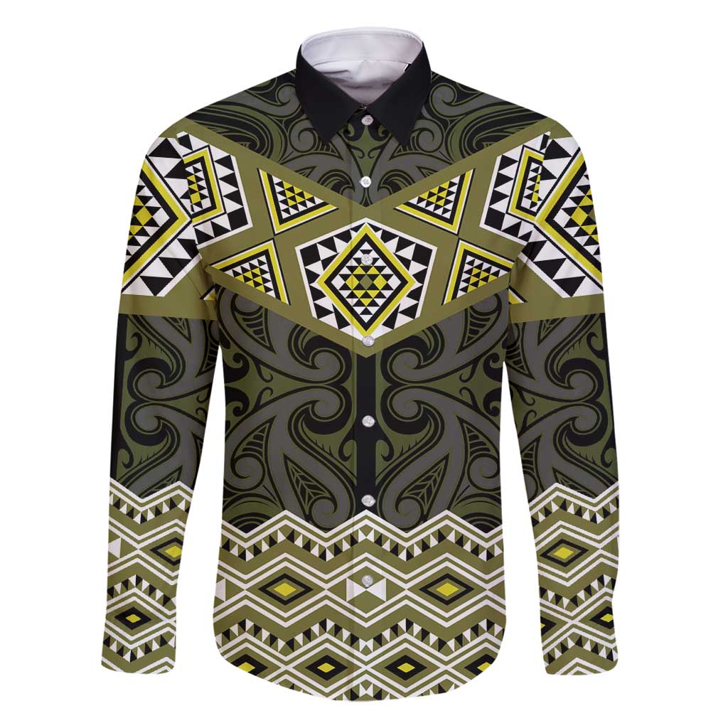 New Zealand Aotearoa Family Matching Mermaid Dress and Hawaiian Shirt Yellow Taniko Art Maori Pattern LT05 Dad's Shirt - Long Sleeve Yellow - Polynesian Pride