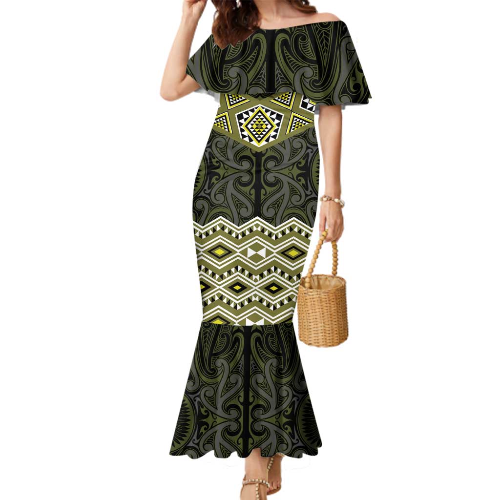 New Zealand Aotearoa Family Matching Mermaid Dress and Hawaiian Shirt Yellow Taniko Art Maori Pattern LT05 Mom's Dress Yellow - Polynesian Pride