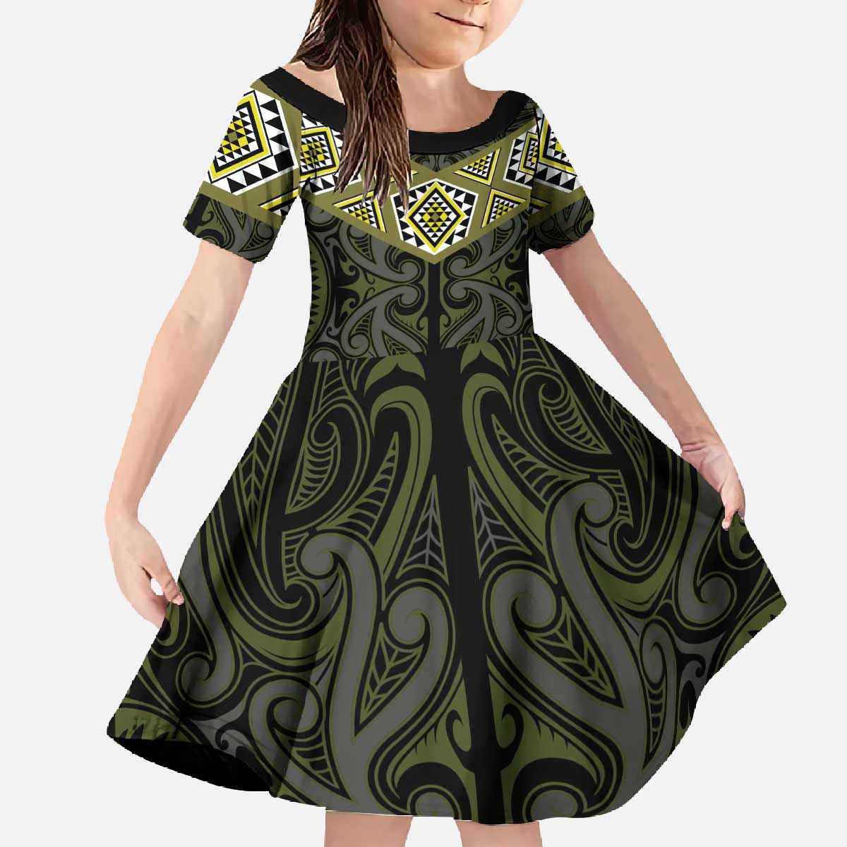 New Zealand Aotearoa Family Matching Off The Shoulder Long Sleeve Dress and Hawaiian Shirt Yellow Taniko Art Maori Pattern LT05 Daughter's Dress Yellow - Polynesian Pride