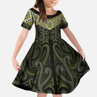 New Zealand Aotearoa Family Matching Off Shoulder Maxi Dress and Hawaiian Shirt Yellow Taniko Art Maori Pattern LT05 Daughter's Dress Yellow - Polynesian Pride