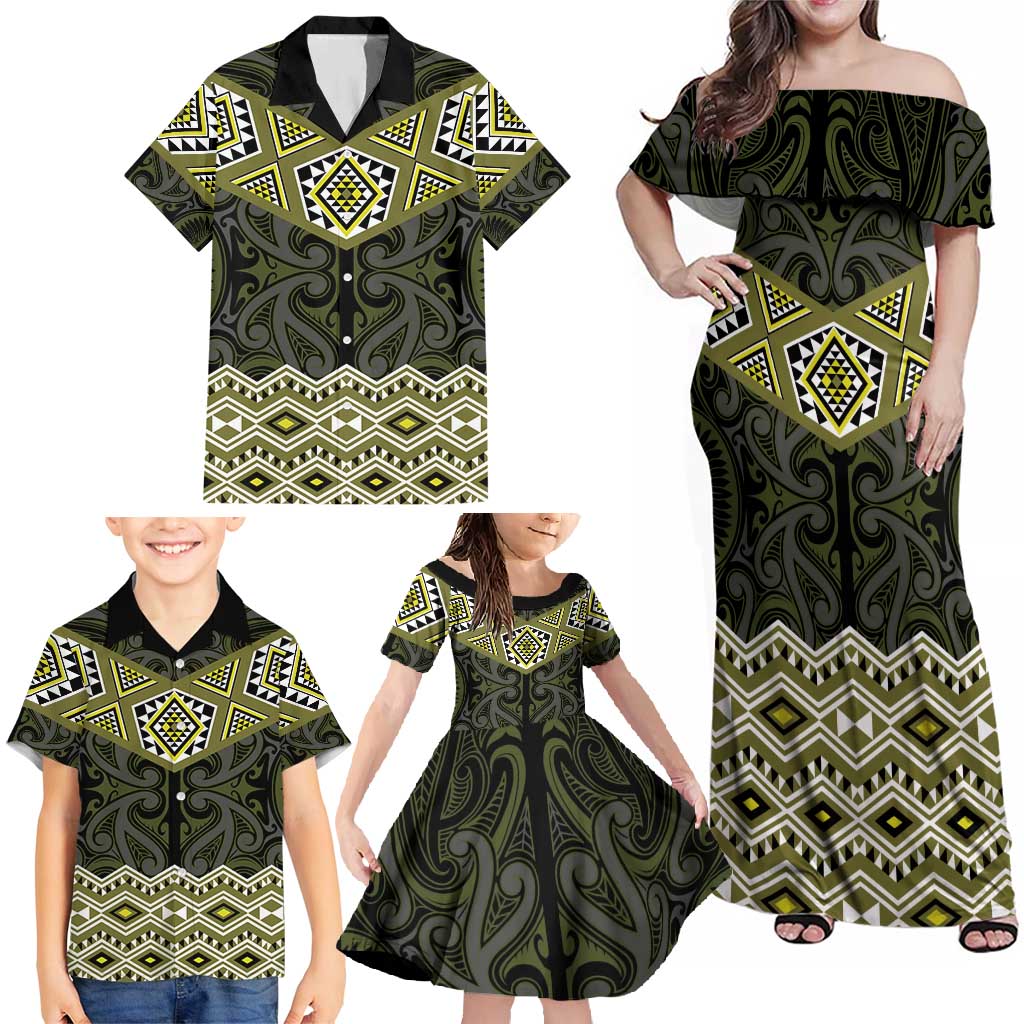 New Zealand Aotearoa Family Matching Off Shoulder Maxi Dress and Hawaiian Shirt Yellow Taniko Art Maori Pattern LT05 - Polynesian Pride