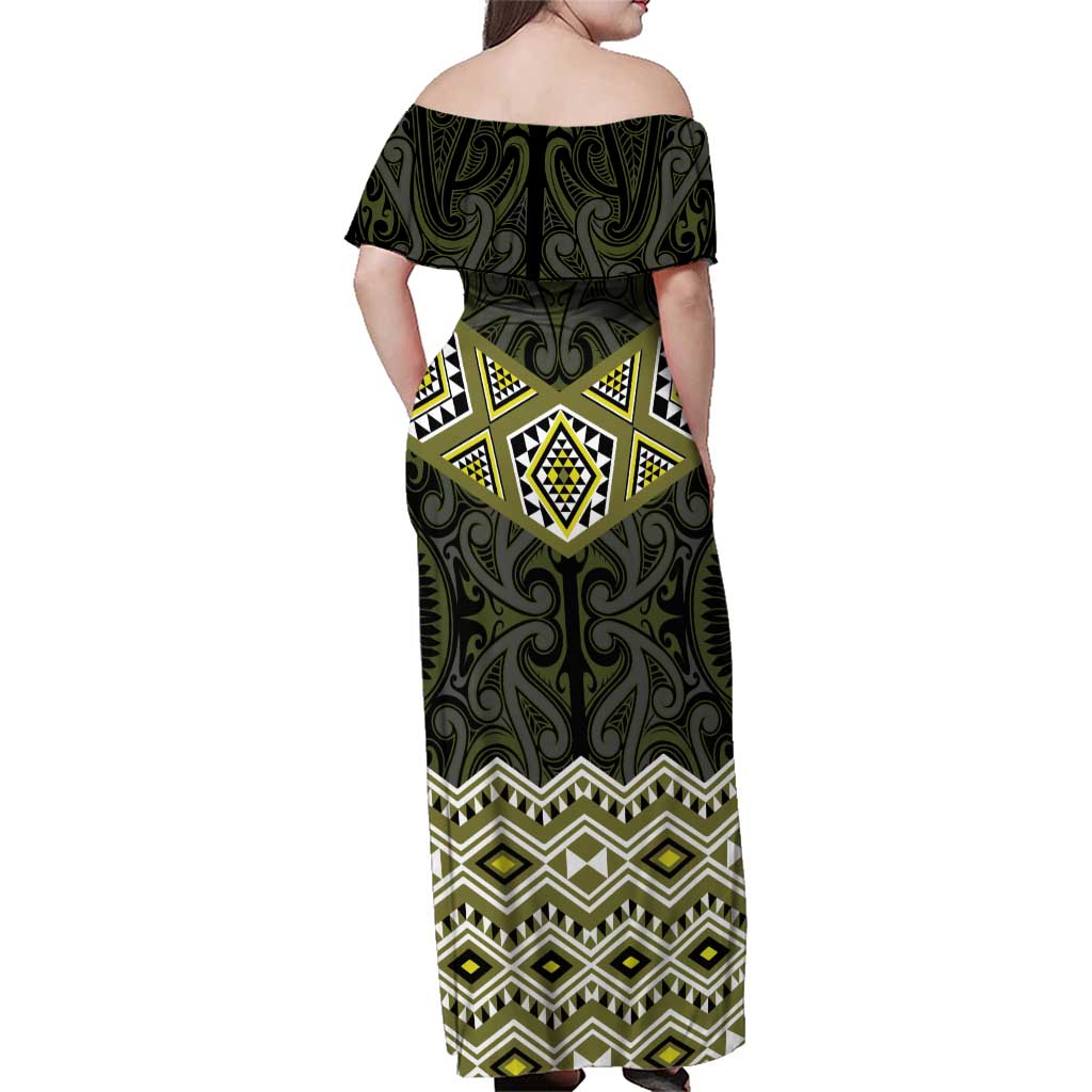 New Zealand Aotearoa Family Matching Off Shoulder Maxi Dress and Hawaiian Shirt Yellow Taniko Art Maori Pattern LT05 - Polynesian Pride