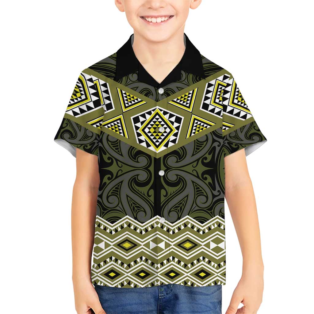 New Zealand Aotearoa Family Matching Off Shoulder Short Dress and Hawaiian Shirt Yellow Taniko Art Maori Pattern LT05 Son's Shirt Yellow - Polynesian Pride